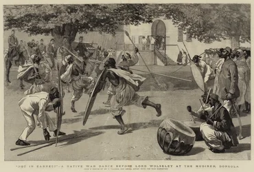 Pas en sérieux, une danse de guerre indigène devant Lord Wolseley à la Mudireh, Dongola